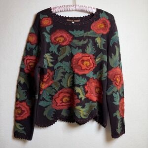Peruvian Connection Floral Knit Pullover Sweater Women L 100% Pima Cotton
